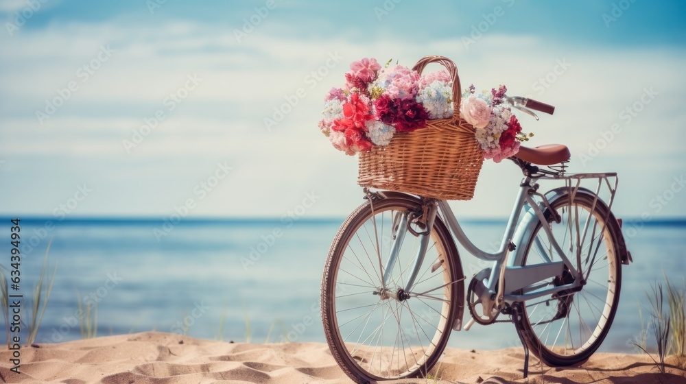 Bicycle with a basket sits on top of sand near the ocean