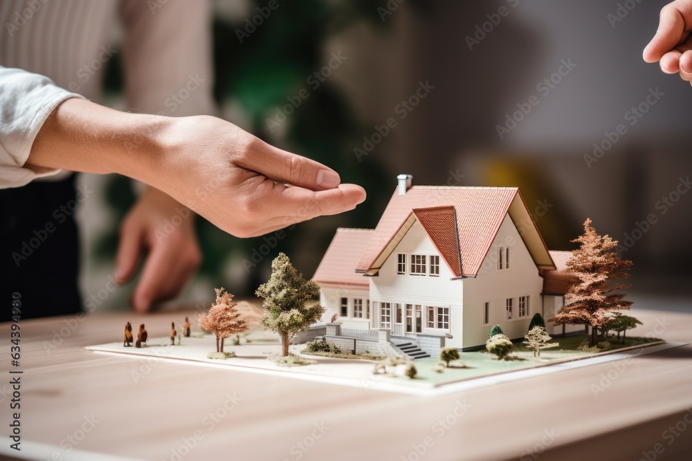 A couple on a desk with a house model and house keys