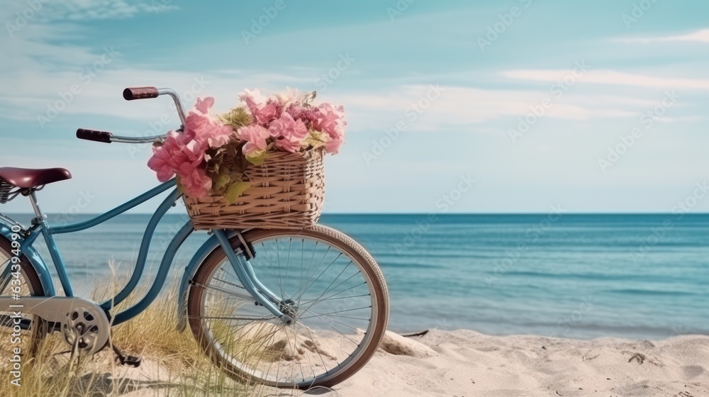 Bicycle with a basket sits on top of sand near the ocean