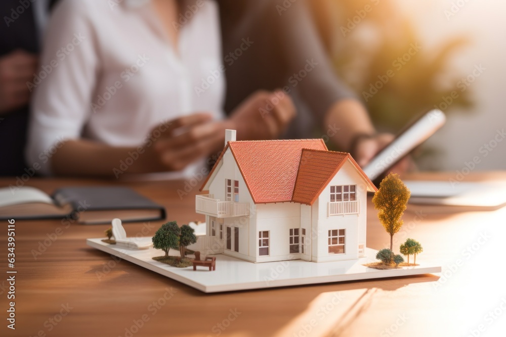 A couple on a desk with a house model and house keys