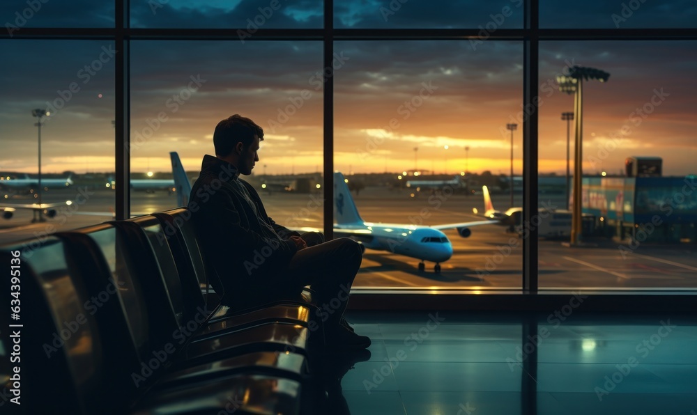 People waiting airplane in airport.