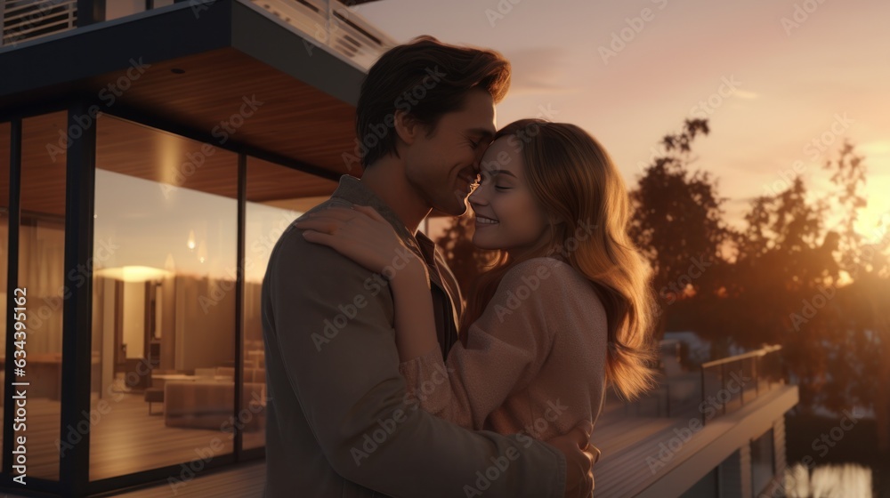 Young married couple embraces in front of the house in summer sunset