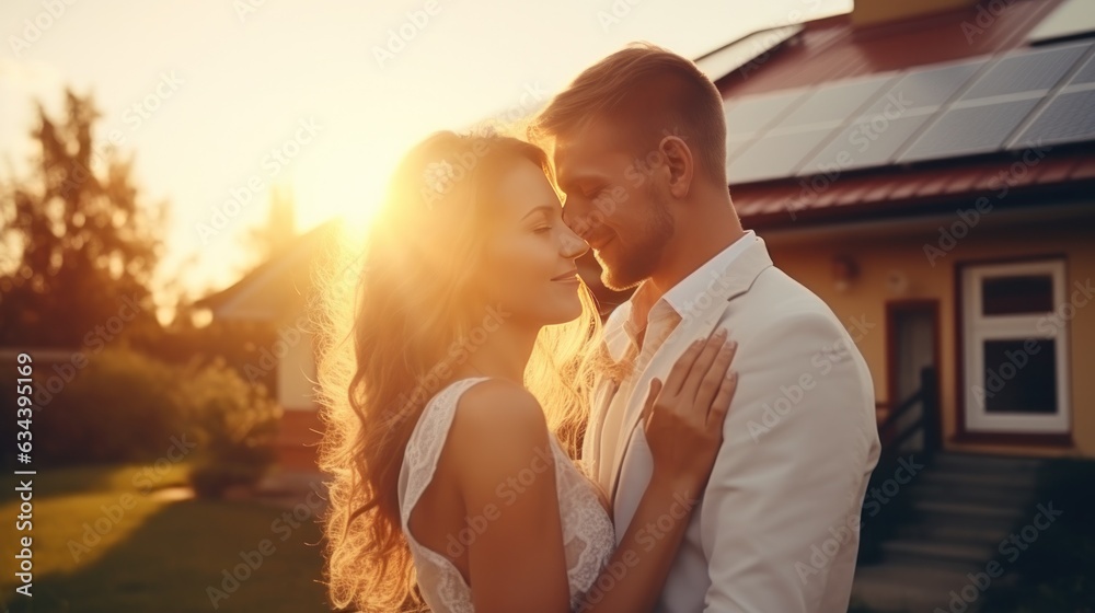 Young married couple embraces in front of the house in summer sunset