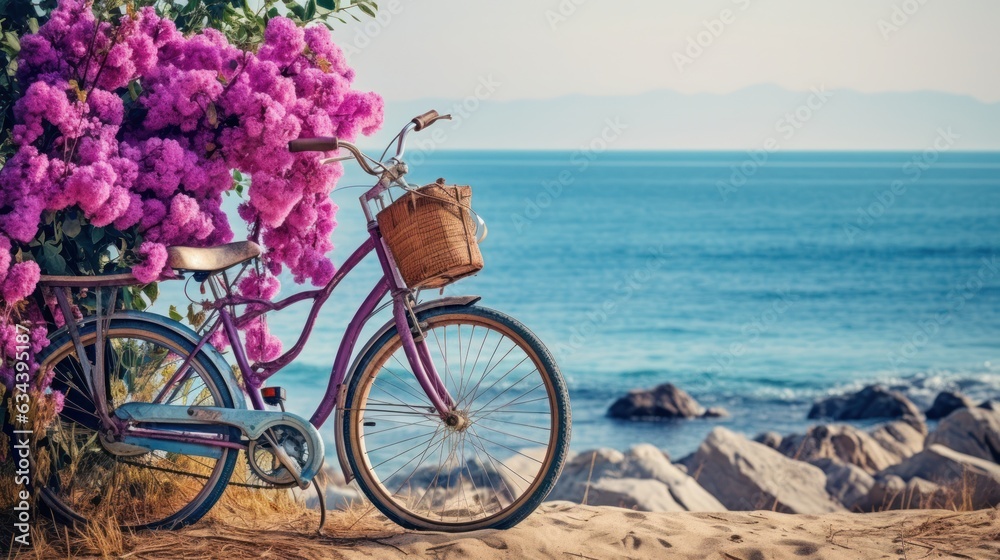 Bicycle with a basket sits on top of sand near the ocean