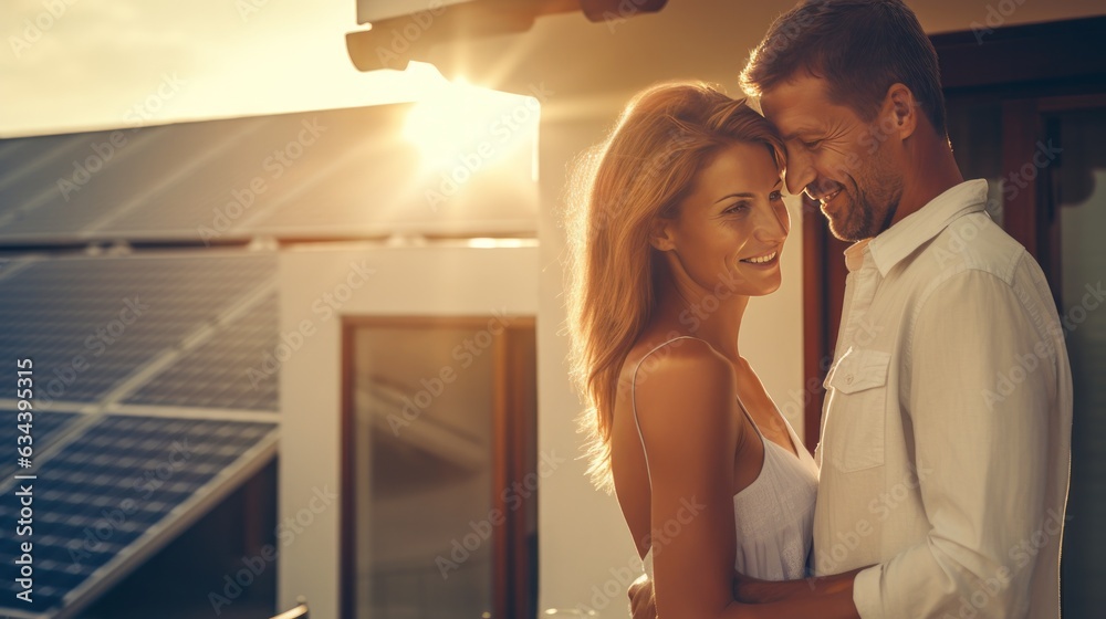 Young married couple embraces in front of the house in summer sunset