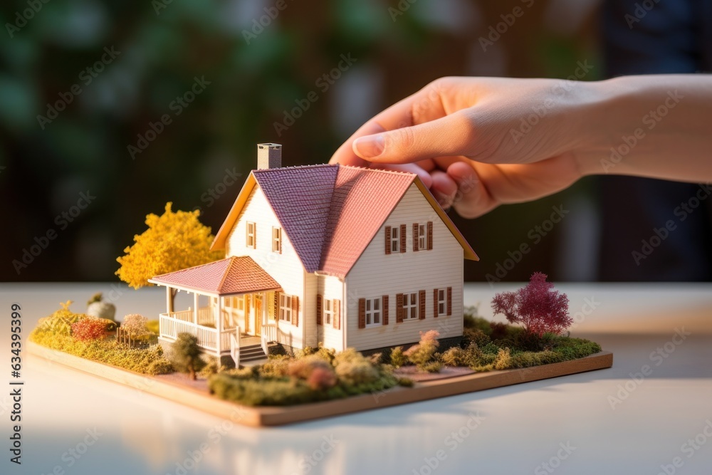 A couple on a desk with a house model and house keys