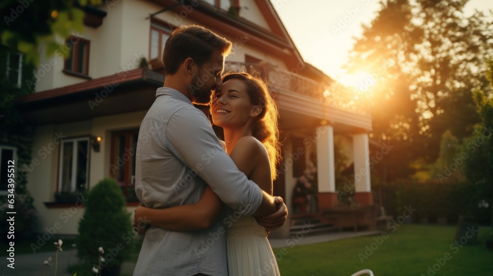 Young married couple embraces in front of the house in summer sunset