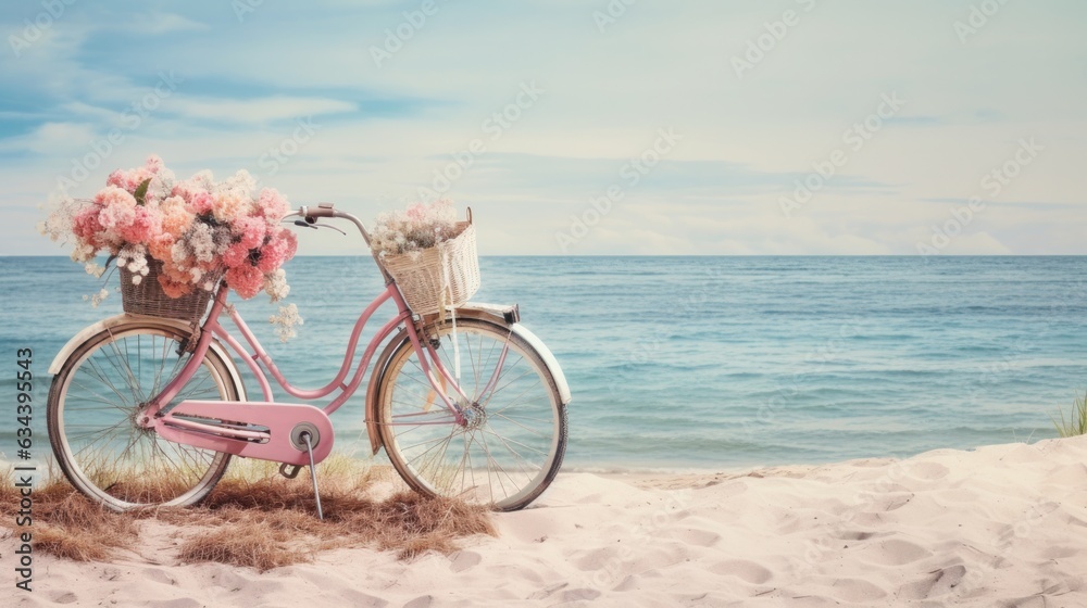 Bicycle with a basket sits on top of sand near the ocean