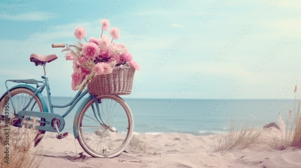 Bicycle with a basket sits on top of sand near the ocean