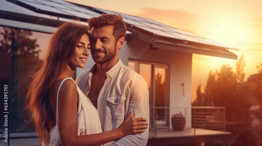 Young married couple embraces in front of the house in summer sunset