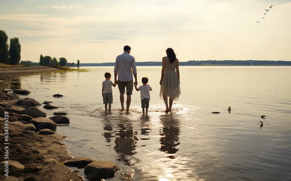 A family spend time near river together