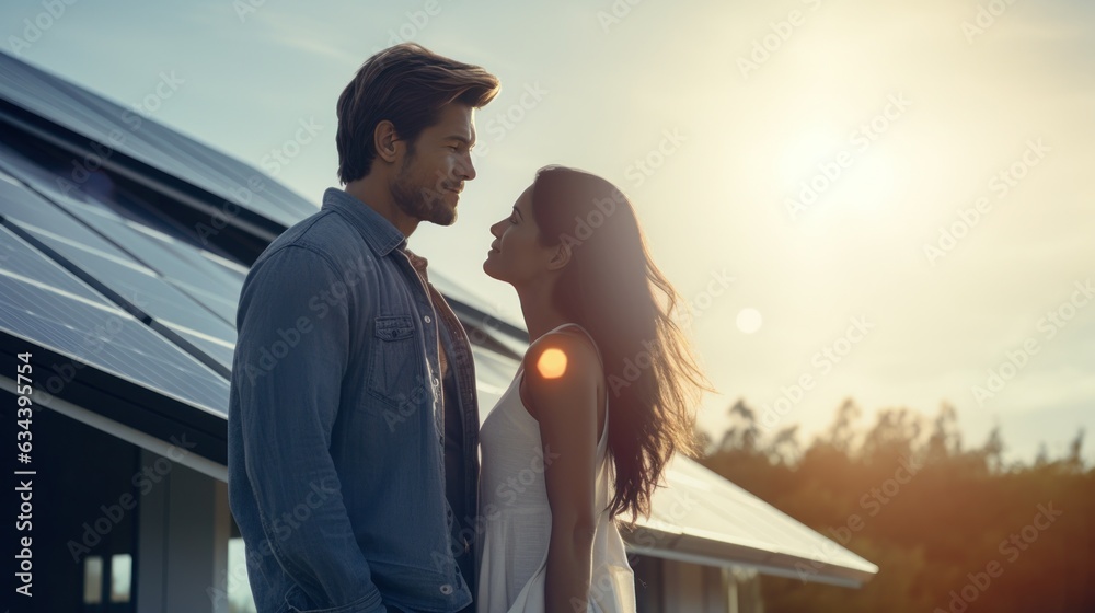 Young married couple embraces in front of the house in summer sunset