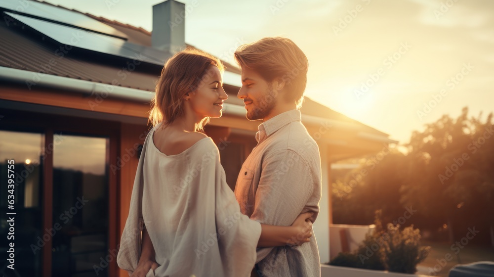 Young married couple embraces in front of the house in summer sunset