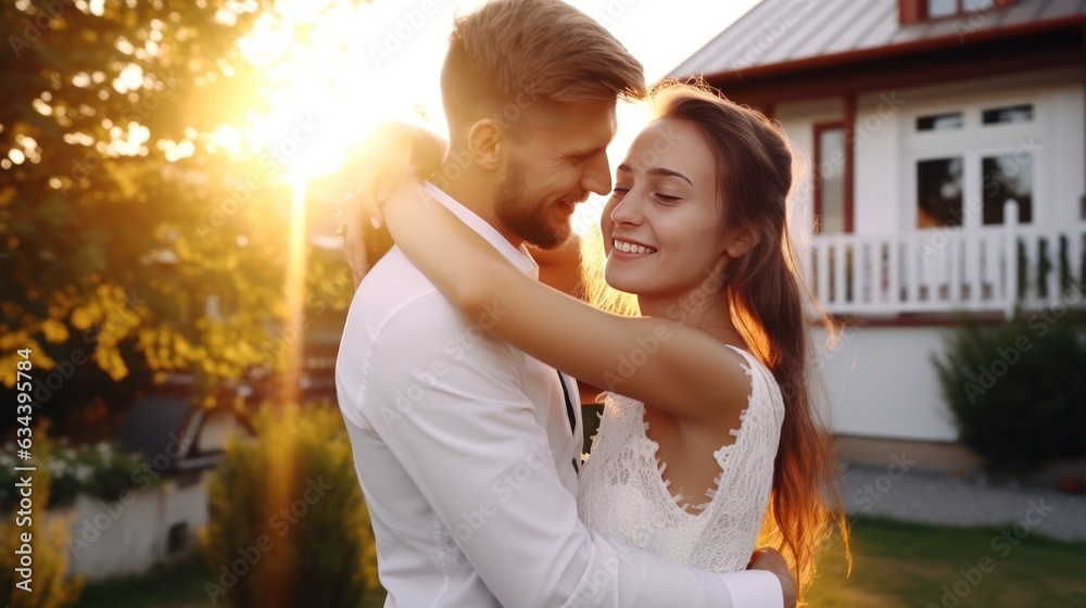 Young married couple embraces in front of the house in summer sunset