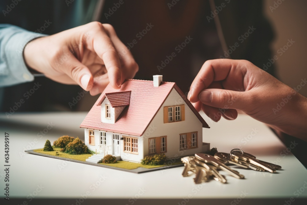 A couple on a desk with a house model and house keys