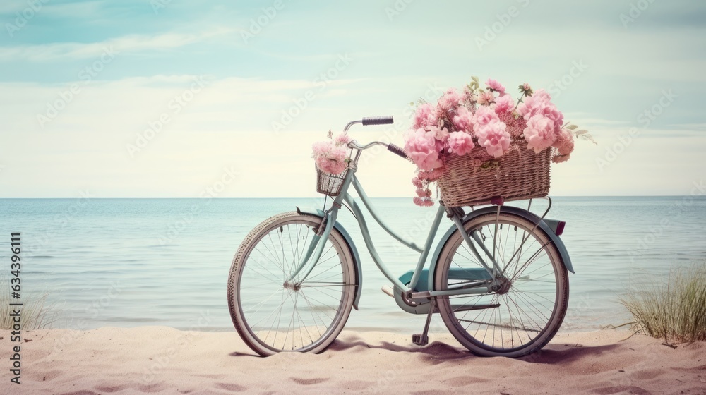 Bicycle with a basket sits on top of sand near the ocean