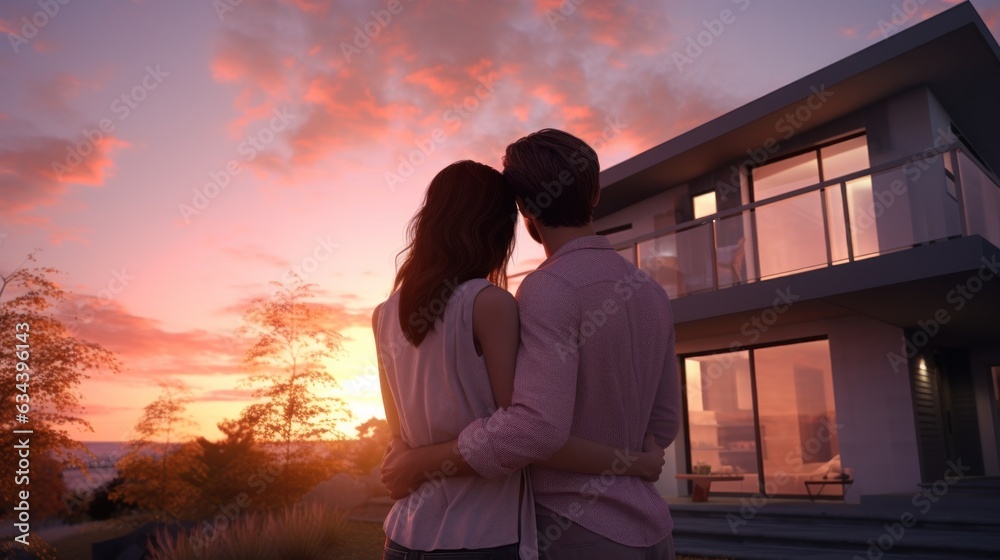 Young married couple embraces in front of the house in summer sunset