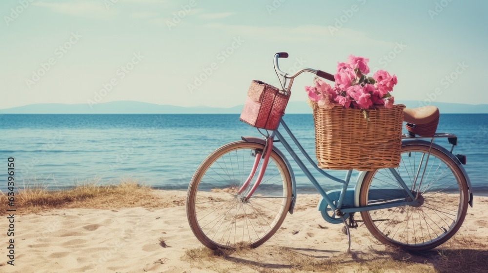 Bicycle with a basket sits on top of sand near the ocean