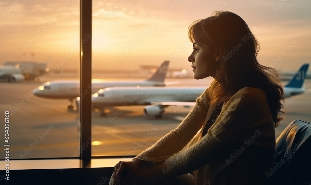 A woman is sitting by a window overlooking an airport