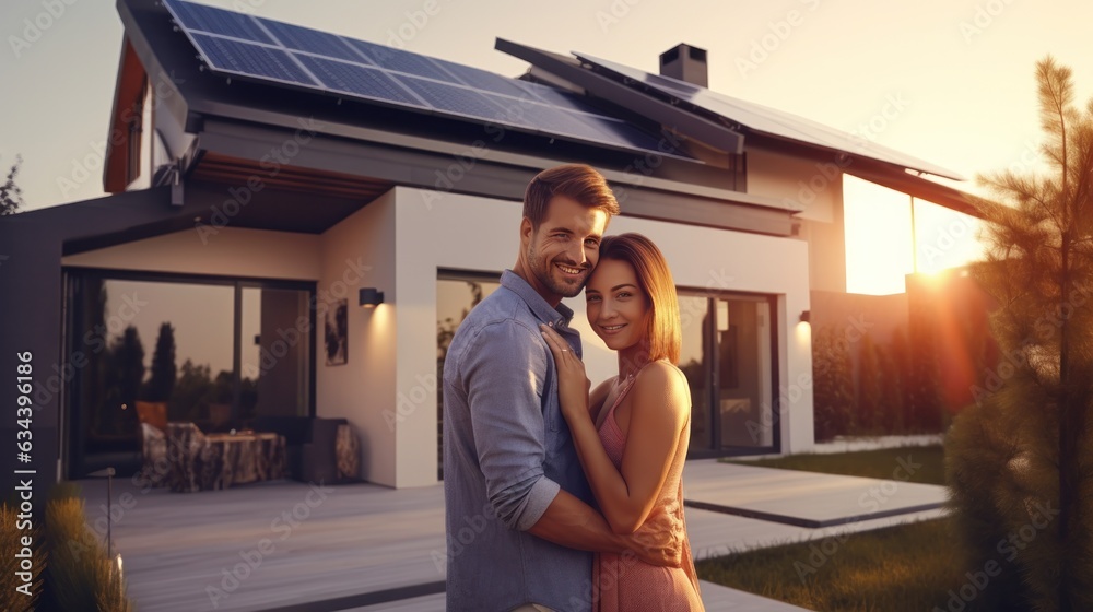 Young married couple embraces in front of the house in summer sunset