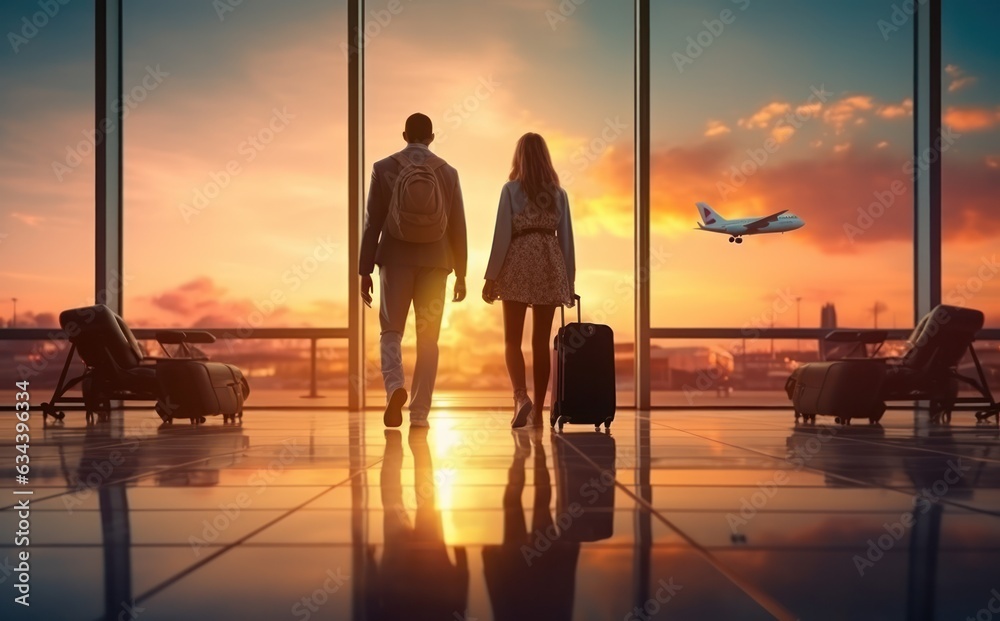 Man and woman waiting airplane in airport