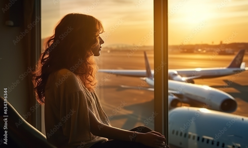 A woman is sitting by a window overlooking an airport