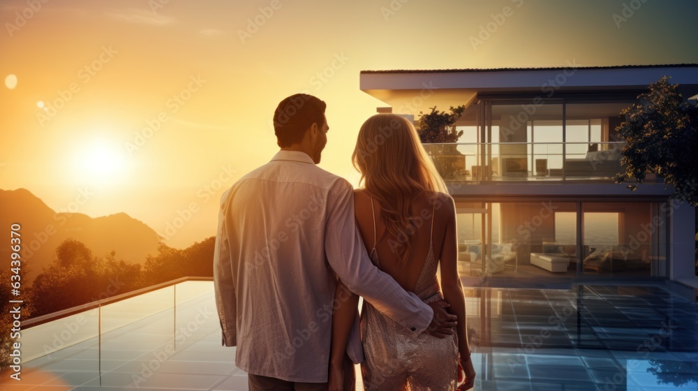 Young married couple embraces in front of the house in summer sunset