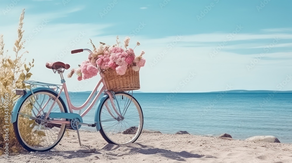 Bicycle with a basket sits on top of sand near the ocean