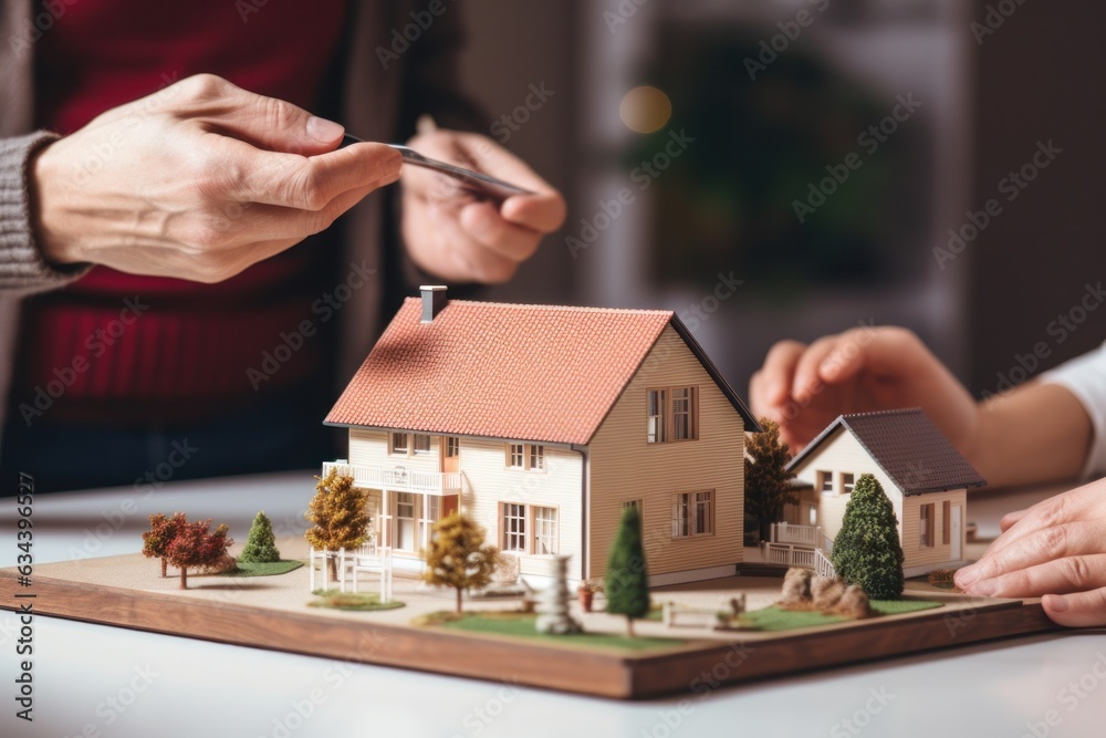 A couple on a desk with a house model and house keys