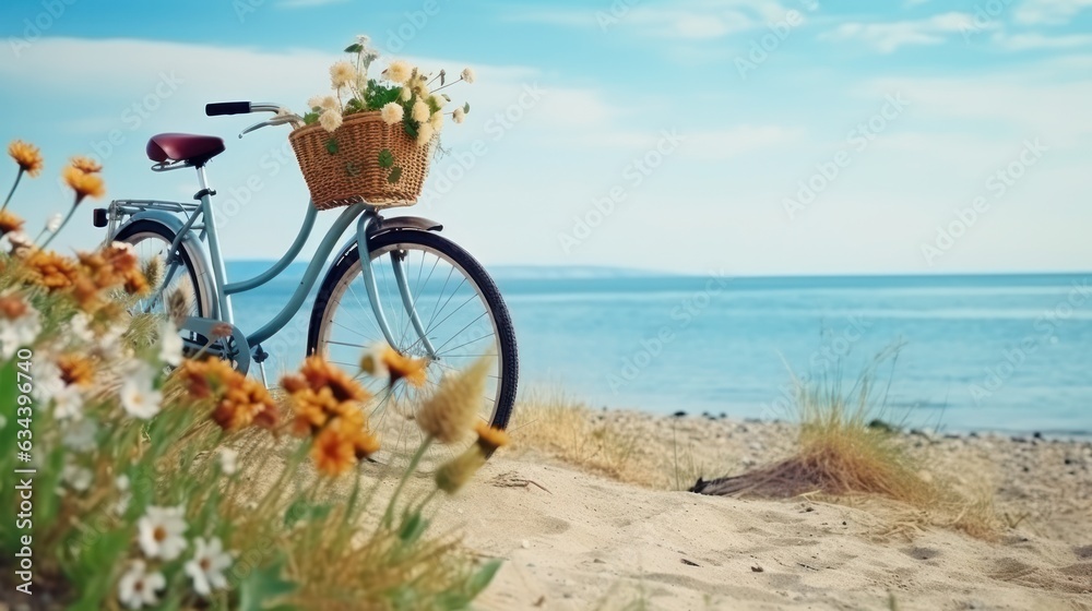 Bicycle with a basket sits on top of sand near the ocean