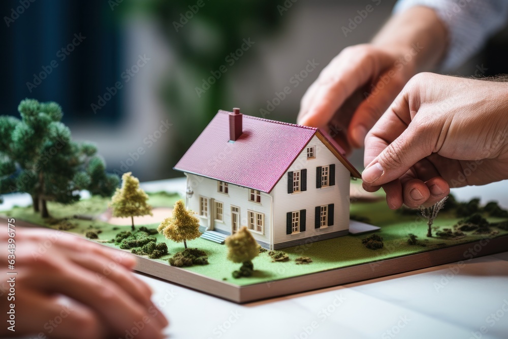 A couple on a desk with a house model and house keys