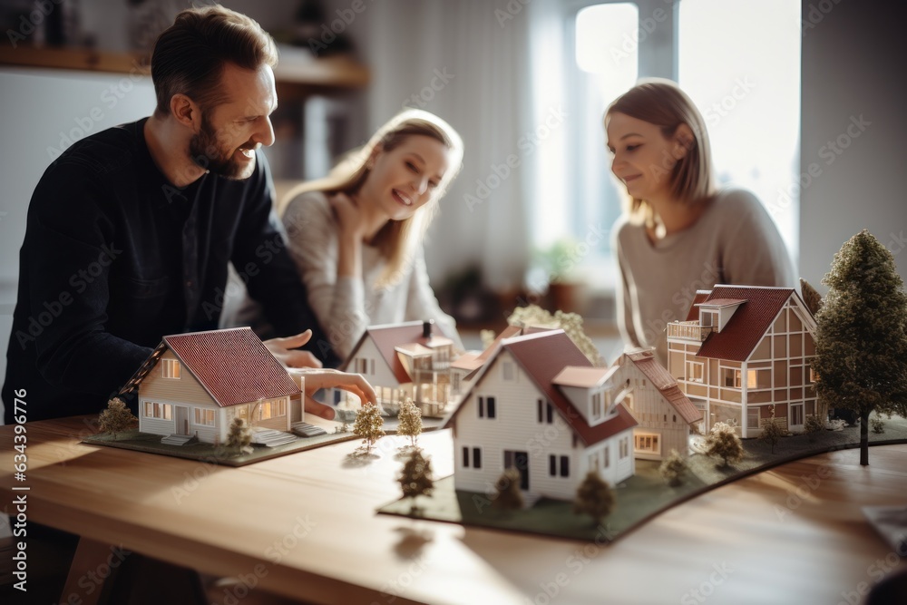 A couple on a desk with a house model and house keys