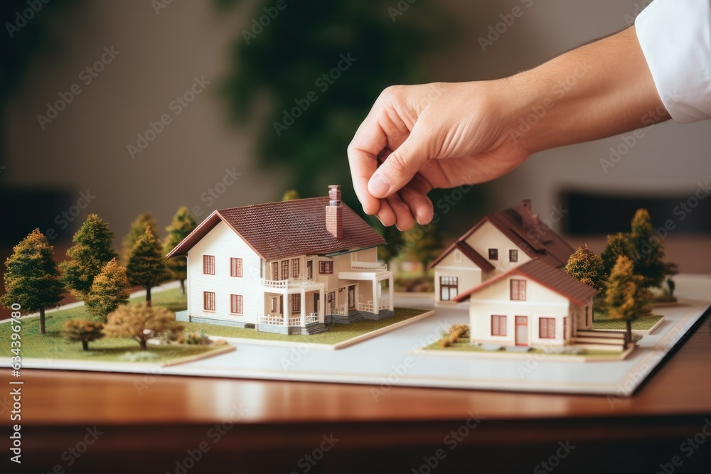 A couple on a desk with a house model and house keys