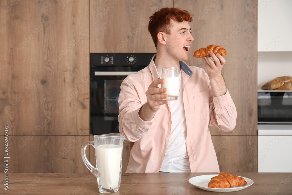 Young redhead man with glass of milk eating croissant in kitchen