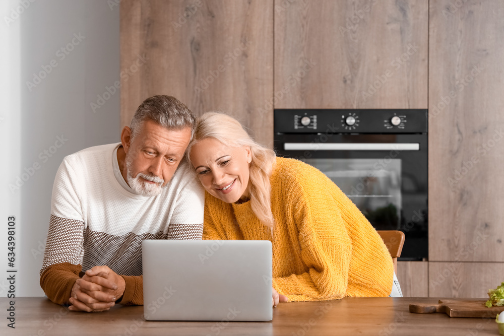 Mature couple using laptop in kitchen