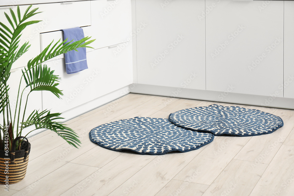 Interior of modern kitchen with stylish rugs, trash bin and white counters