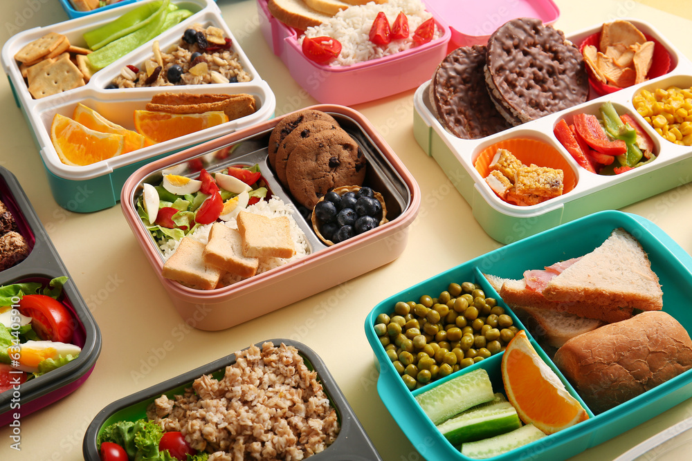 Many lunchboxes with different delicious food on pale yellow background