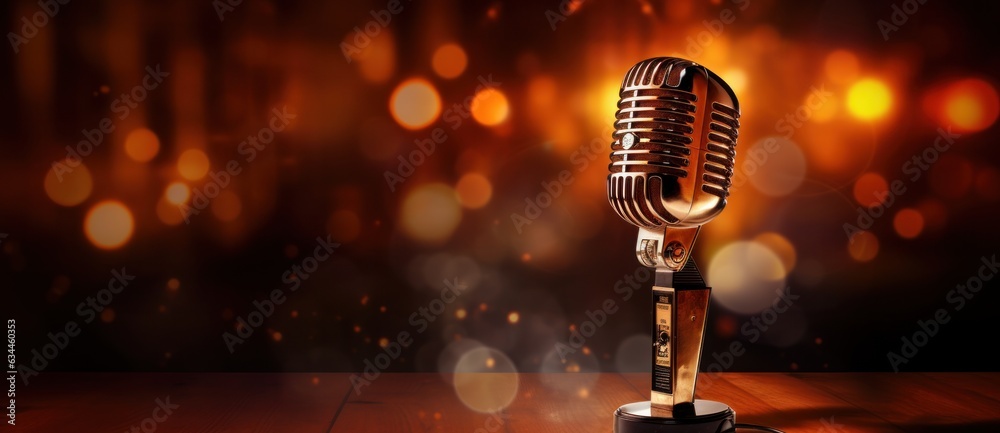 A professional microphone with a bokeh background