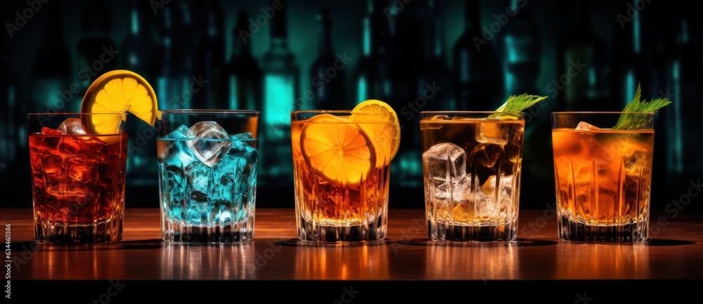 Alcohol cocktails in a row