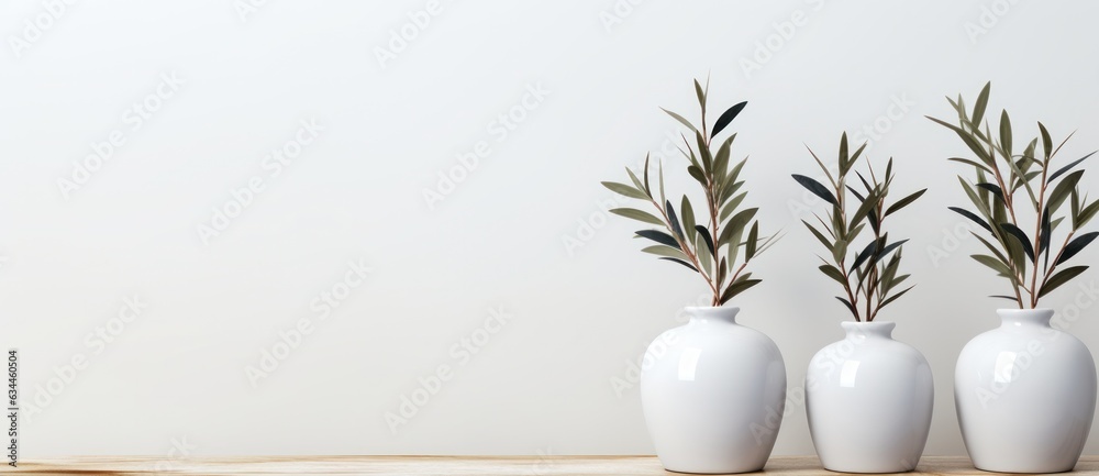 Vases with olive branch on minimalist background