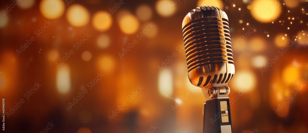 A professional microphone with a bokeh background