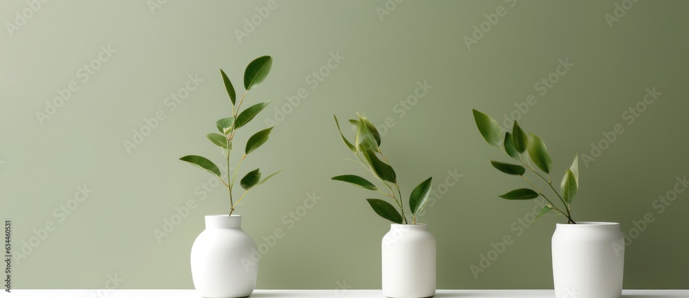 Vases with olive branch on minimalist background