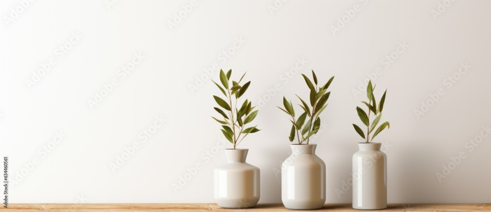 Vases with olive branch on minimalist background