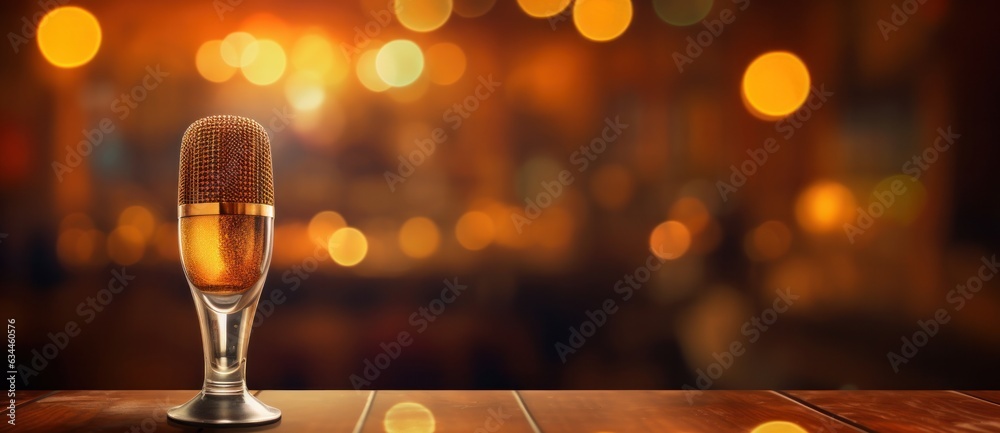 A professional microphone with a bokeh background