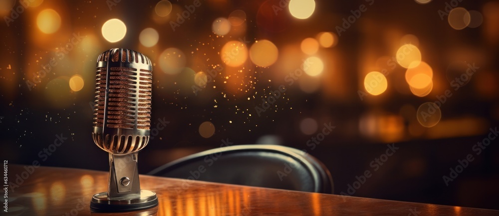 A professional microphone with a bokeh background