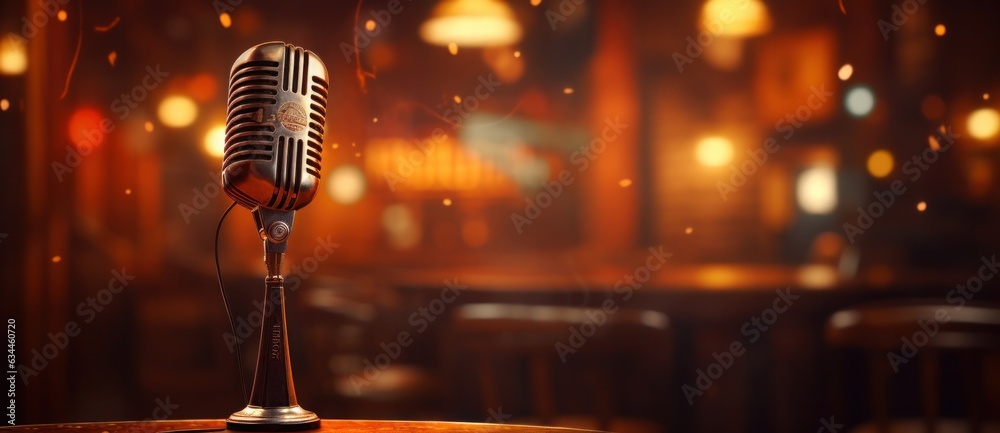 A professional microphone with a bokeh background