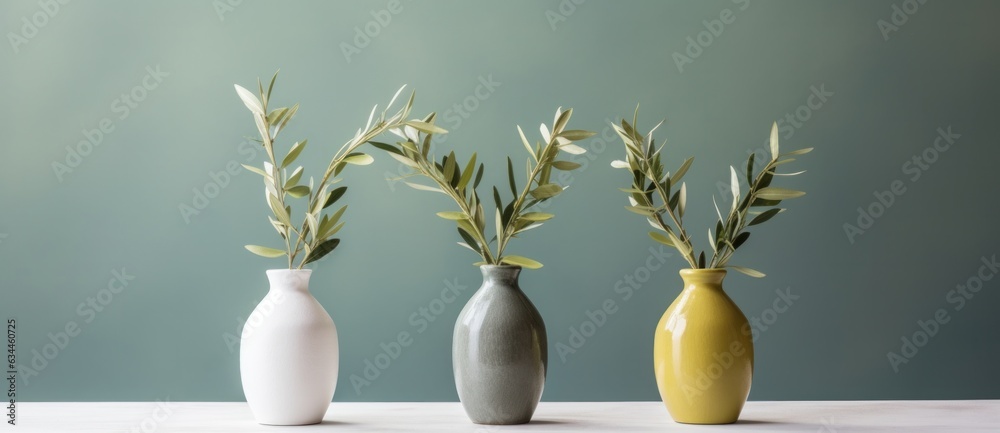 Vases with olive branch on minimalist background