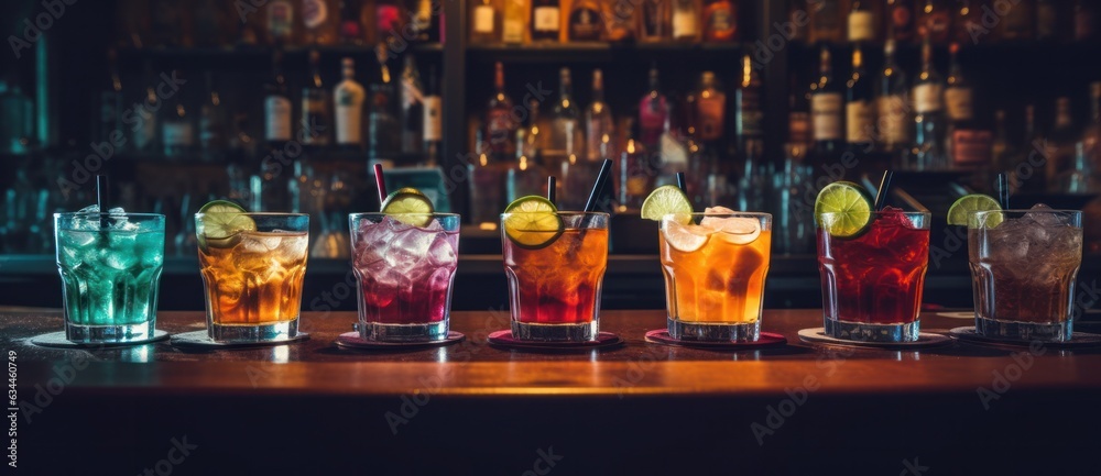 Alcohol cocktails in a row