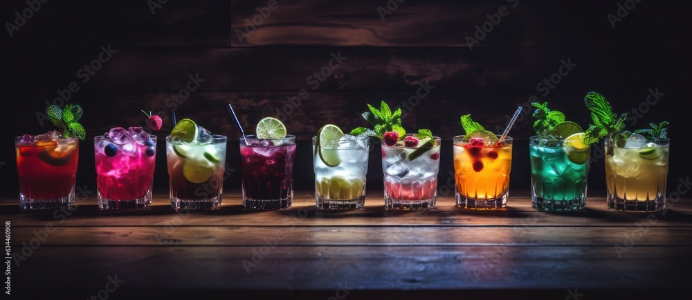 Alcohol cocktails in a row