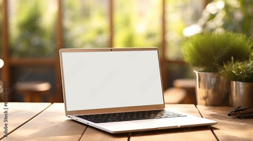 Natural background with laptop with empty screen